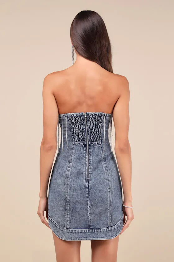 Dazzling Vibes Medium Wash Rhinestone Strapless Denim Mini Dress sold by Lulus product image thumbnail 2