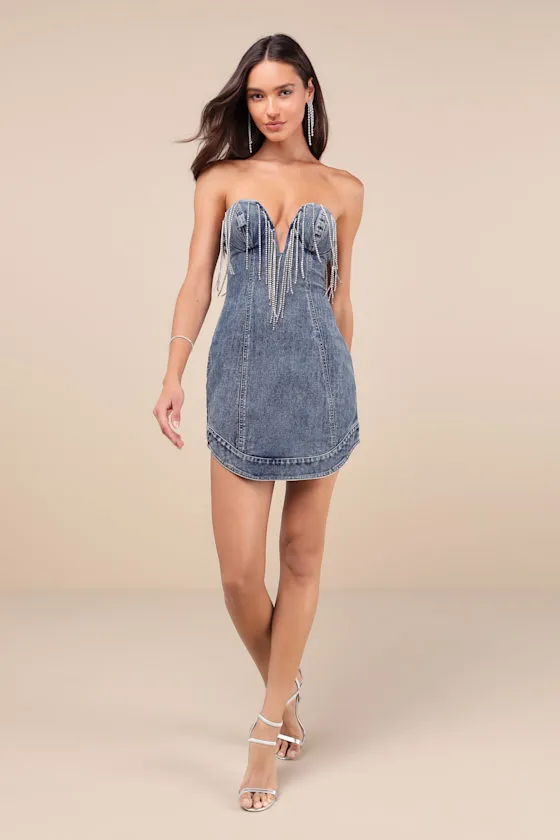 Dazzling Vibes Medium Wash Rhinestone Strapless Denim Mini Dress sold by Lulus product image thumbnail 3