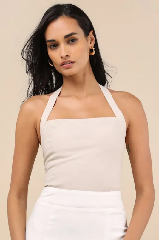 Maebyn Beige Halter Crop Top sold by Lulus