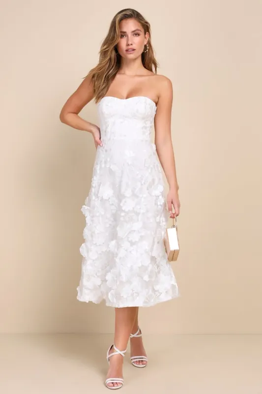 Delightful Romance White Floral 3D Strapless Lace-Up Midi Dress sold by Lulus