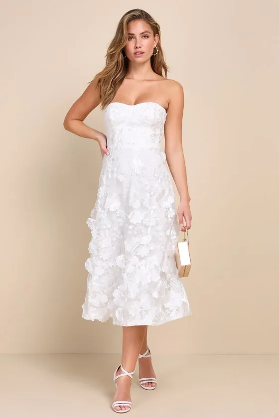 Delightful Romance White Floral 3D Strapless Lace-Up Midi Dress sold by Lulus