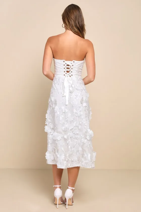 Delightful Romance White Floral 3D Strapless Lace-Up Midi Dress sold by Lulus product image thumbnail 3