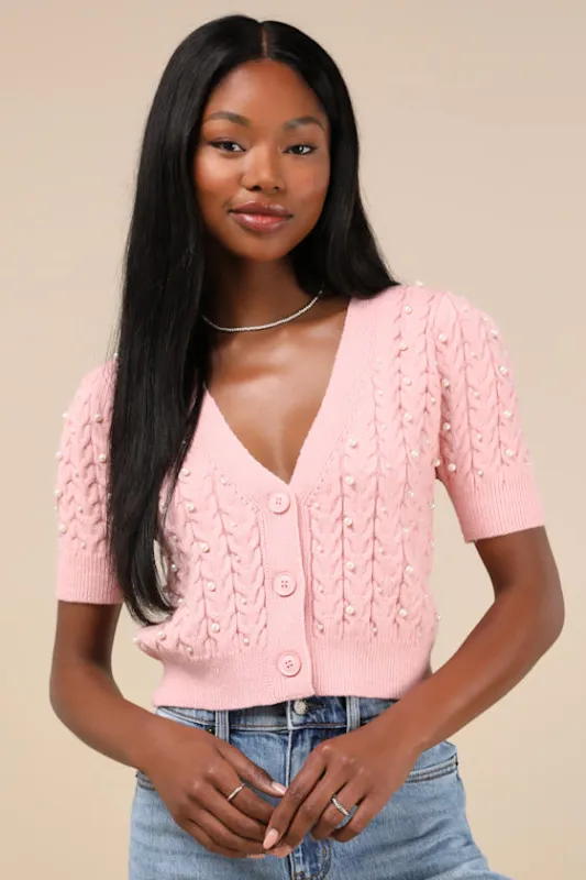 Posh Glow Pink Cable Knit Pearl Short Sleeve Cardigan sold by Lulus