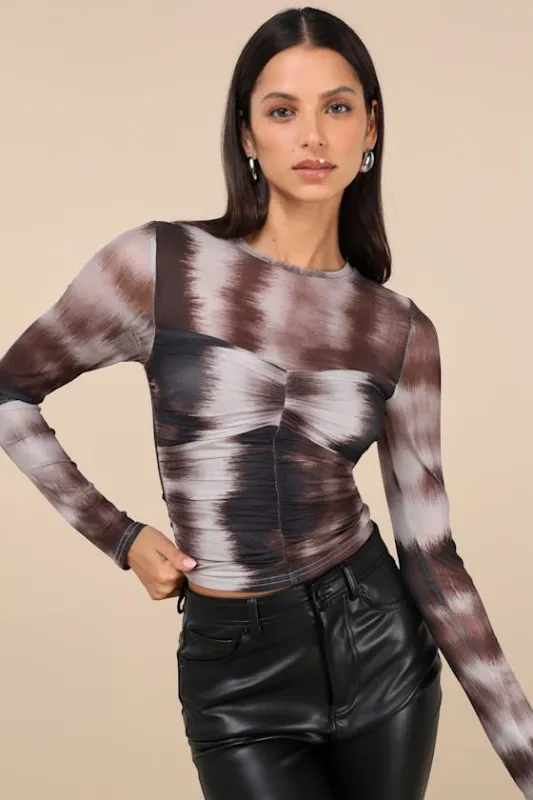 Instant Trend Grey and Brown Ombre Mesh Ruched Long Sleeve Top sold by Lulus