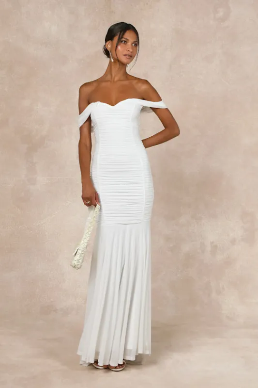 Divinely Romantic White Mesh Off-the-Shoulder Mermaid Maxi Dress sold by Lulus
