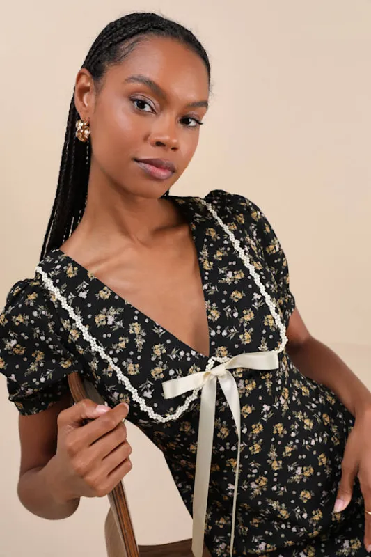 Coquette Passion Black Floral Collared Bow Mini Dress sold by Lulus