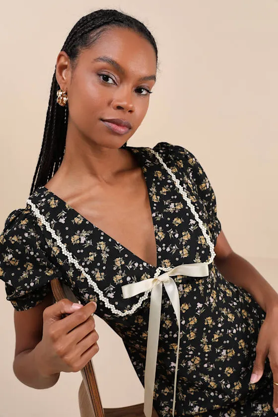 Coquette Passion Black Floral Collared Bow Mini Dress sold by Lulus