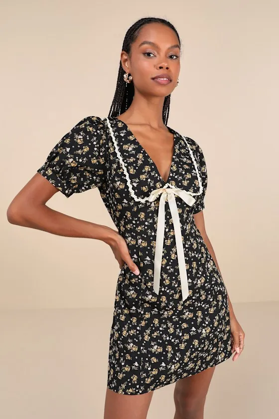 Coquette Passion Black Floral Collared Bow Mini Dress sold by Lulus product image thumbnail 2