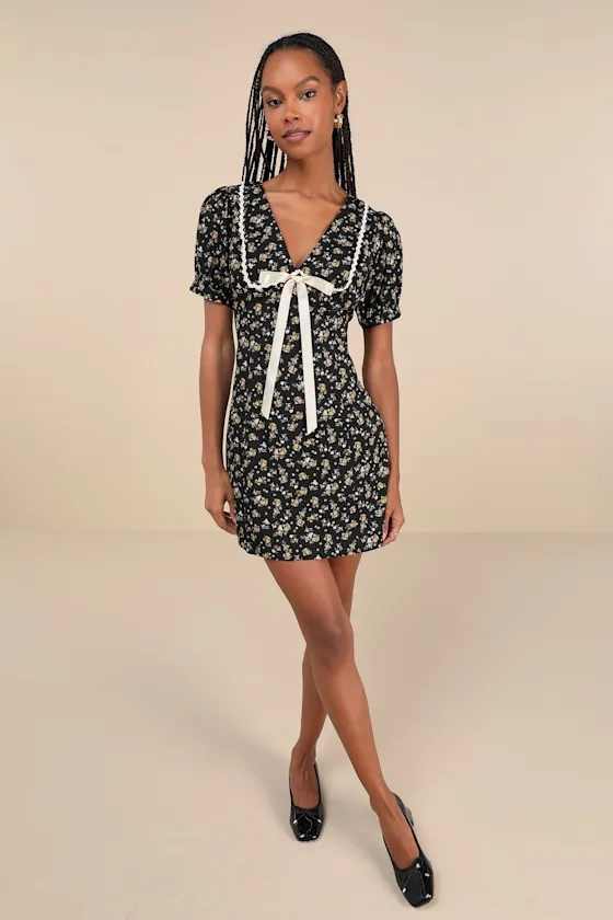 Coquette Passion Black Floral Collared Bow Mini Dress sold by Lulus product image thumbnail 4