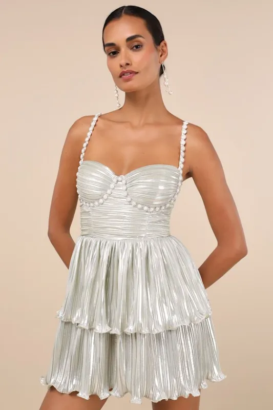 Glorious Shine Champagne Metallic Pearl Tiered Mini Dress sold by Lulus