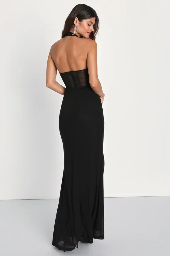 Never-Ending Glamour Black Mesh Cross-Front Halter Maxi Dress sold by Lulus product image thumbnail 3