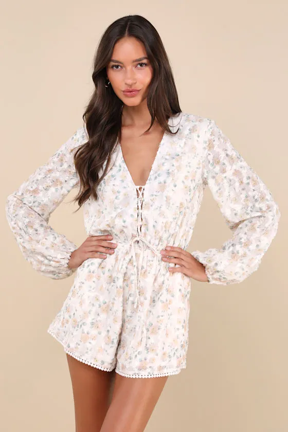 Compelling Darling Ivory Floral Balloon Sleeve Lace-Up Romper sold by Lulus product image thumbnail 2