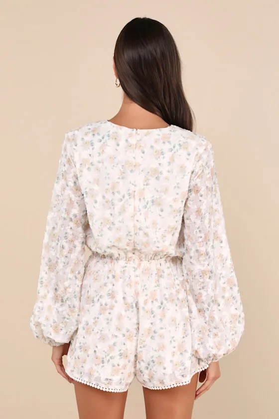 Compelling Darling Ivory Floral Balloon Sleeve Lace-Up Romper sold by Lulus product image thumbnail 3