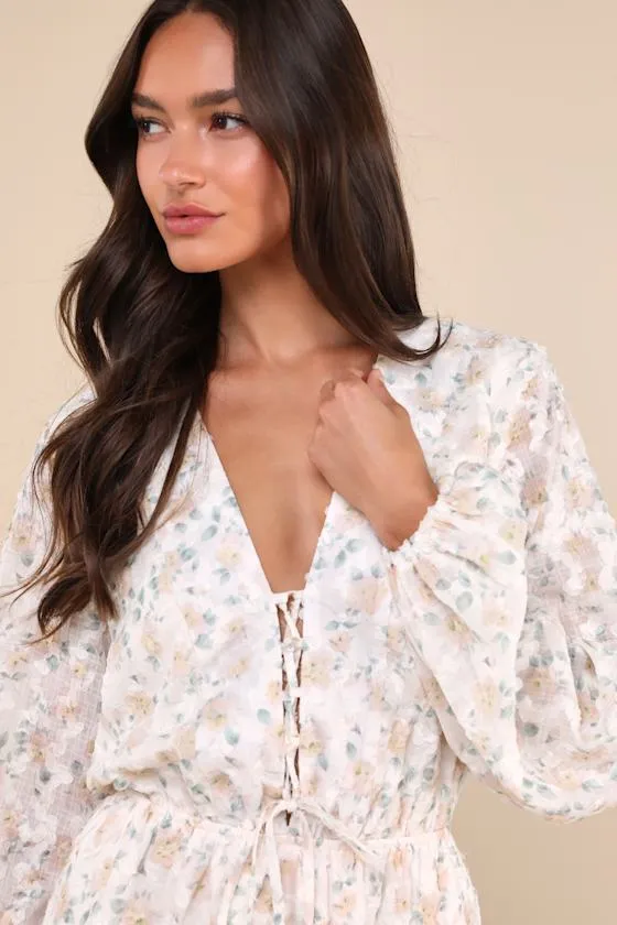 Compelling Darling Ivory Floral Balloon Sleeve Lace-Up Romper sold by Lulus product image thumbnail 4