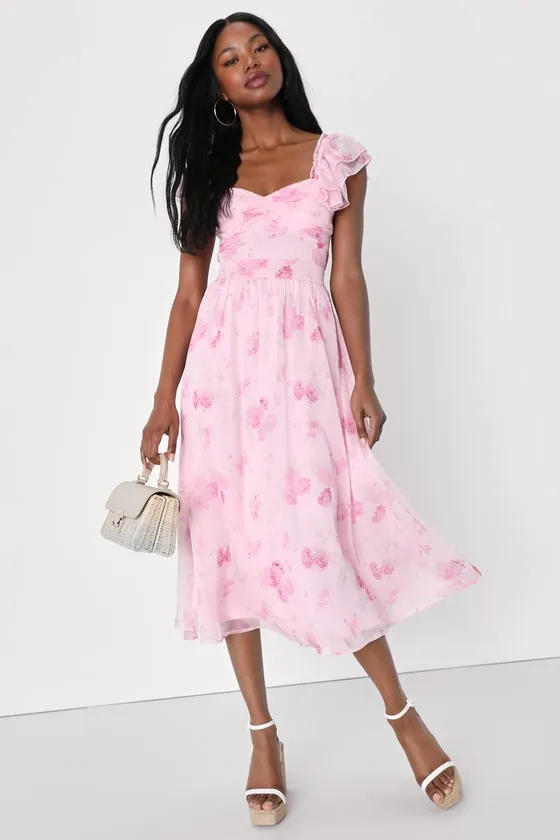 Loveliest Darling Light Pink Floral Ruffled Tie-Back Midi Dress sold by Lulus