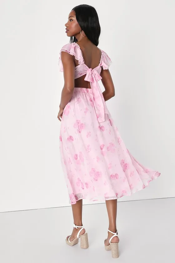 Loveliest Darling Light Pink Floral Ruffled Tie-Back Midi Dress sold by Lulus product image thumbnail 2