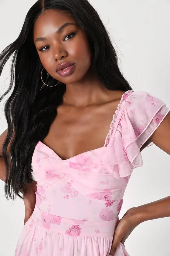 Loveliest Darling Light Pink Floral Ruffled Tie-Back Midi Dress sold by Lulus product image thumbnail 3