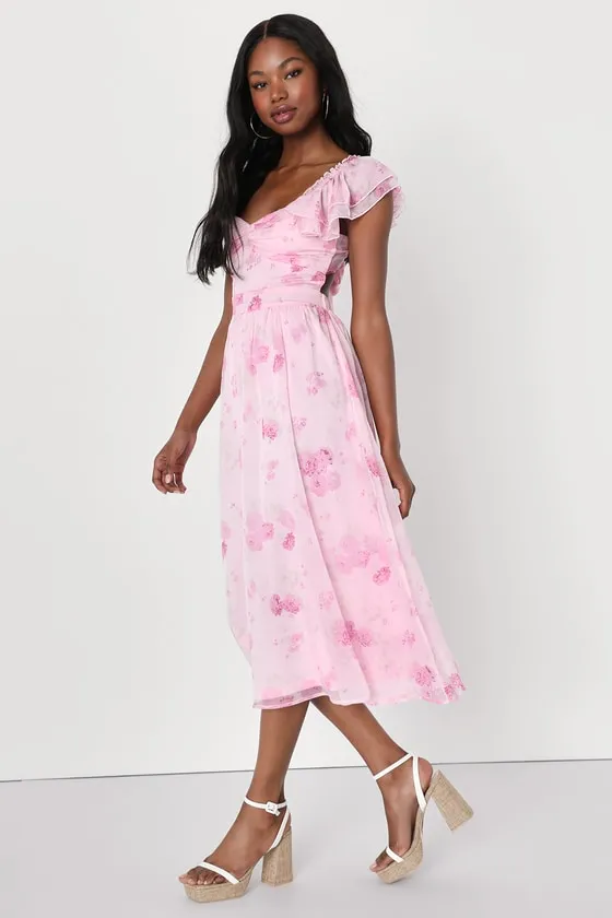 Loveliest Darling Light Pink Floral Ruffled Tie-Back Midi Dress sold by Lulus product image thumbnail 4