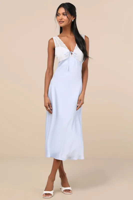 Flirtatious Always Pale Blue Satin Lace Midi Slip Dress sold by Lulus