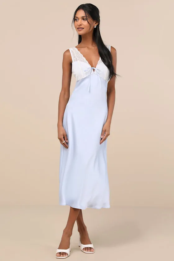 Flirtatious Always Pale Blue Satin Lace Midi Slip Dress sold by Lulus