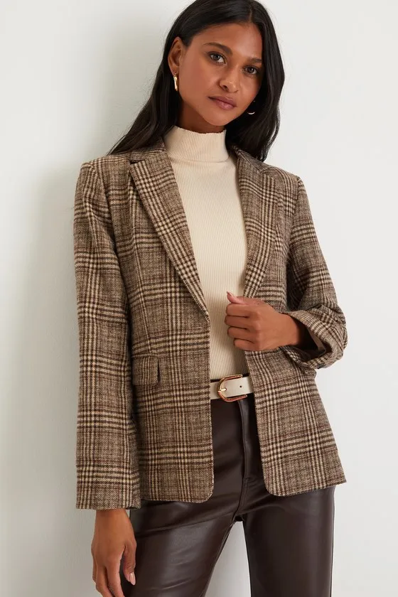 Sophisticated Chic Brown Plaid Tweed Blazer sold by Lulus