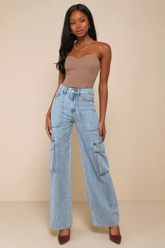 All Heart Light Wash High-Rise Denim Cargo Jeans sold by Lulus
