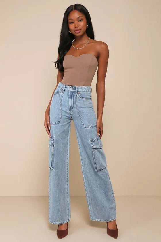 All Heart Light Wash High-Rise Denim Cargo Jeans sold by Lulus