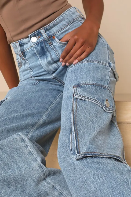 All Heart Light Wash High-Rise Denim Cargo Jeans sold by Lulus product image thumbnail 4