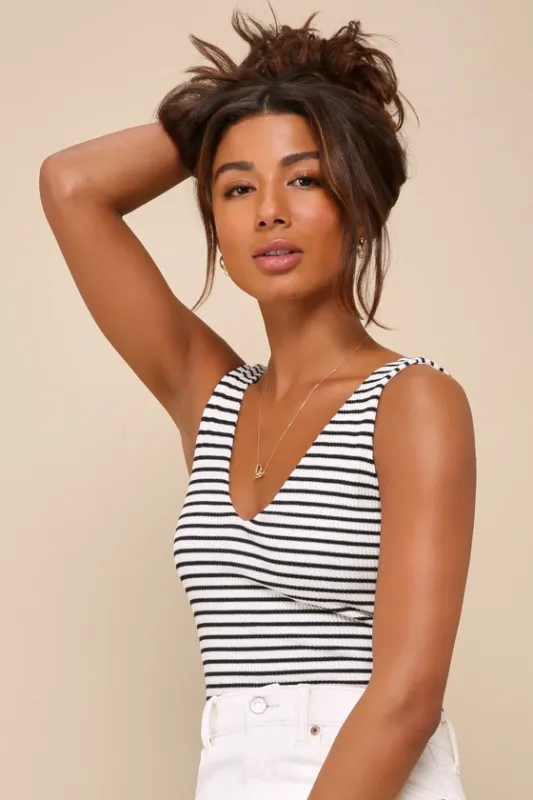 Easygoing Chic Ivory Striped Ribbed Sleeveless Bodysuit sold by Lulus