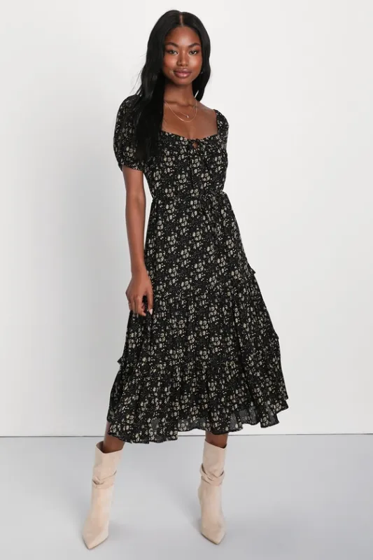 Adorable Ideal Black Floral Print Tiered Ruffled Midi Dress sold by Lulus