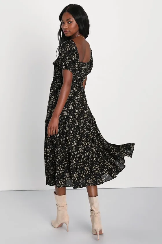 Adorable Ideal Black Floral Print Tiered Ruffled Midi Dress sold by Lulus product image thumbnail 2
