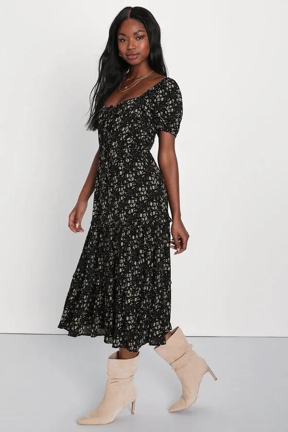 Adorable Ideal Black Floral Print Tiered Ruffled Midi Dress sold by Lulus product image thumbnail 4
