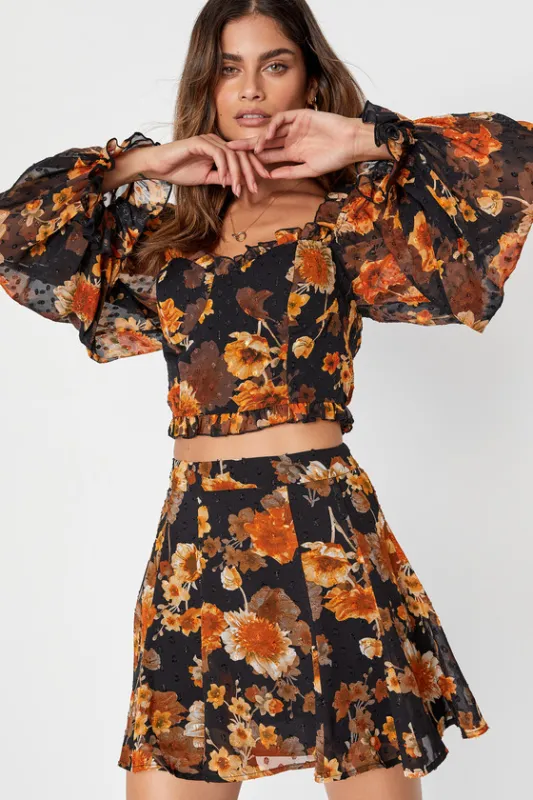 Remarkable Flair Black Floral Print Clip Dot Skater Mini Skirt sold by Lulus