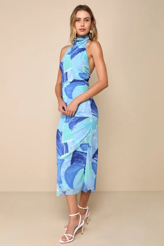 Idyllic in Ibiza Blue Abstract Print Mock Neck Halter Midi Dress sold by Lulus