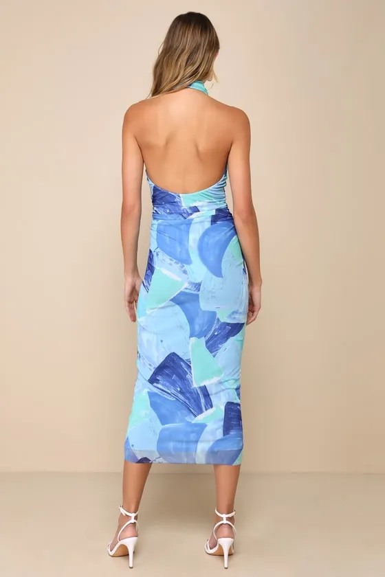 Idyllic in Ibiza Blue Abstract Print Mock Neck Halter Midi Dress sold by Lulus product image thumbnail 2