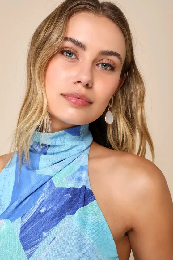 Idyllic in Ibiza Blue Abstract Print Mock Neck Halter Midi Dress sold by Lulus product image thumbnail 4
