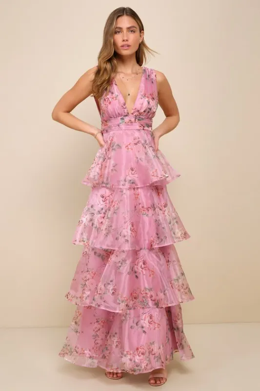Garden Radiance Pink Floral Print Organza Tiered Maxi Dress sold by Lulus