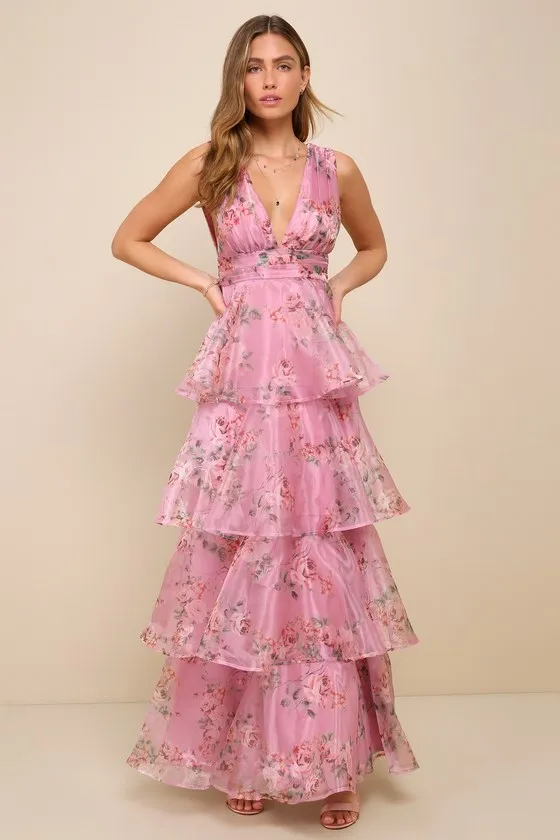 Garden Radiance Pink Floral Print Organza Tiered Maxi Dress sold by Lulus