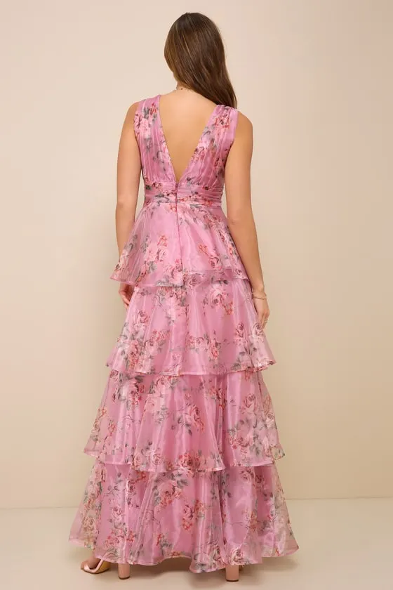 Garden Radiance Pink Floral Print Organza Tiered Maxi Dress sold by Lulus product image thumbnail 2
