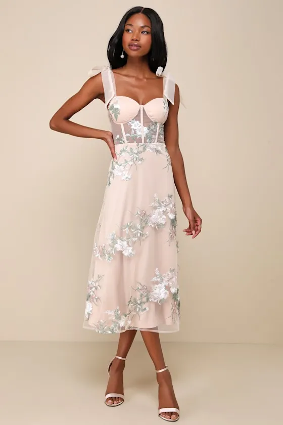 Fairytale Days Beige Mesh Floral Embroidered Bustier Midi Dress sold by Lulus