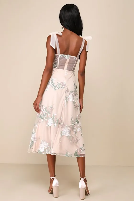 Fairytale Days Beige Mesh Floral Embroidered Bustier Midi Dress sold by Lulus product image thumbnail 2