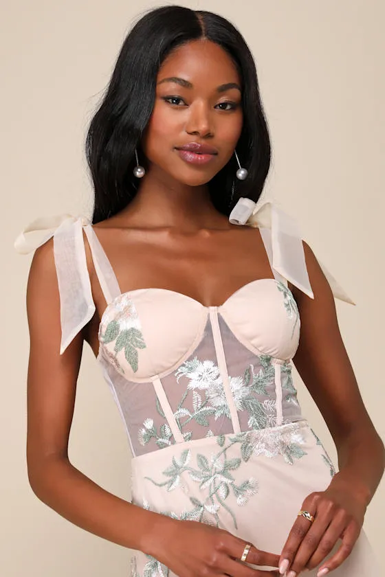 Fairytale Days Beige Mesh Floral Embroidered Bustier Midi Dress sold by Lulus product image thumbnail 4