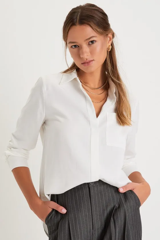 Elevated Aesthetic Ivory Collared Long Sleeve Button-Up Top sold by Lulus