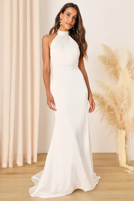 Eternity Together White Satin Halter Mermaid Maxi Dress sold by Lulus
