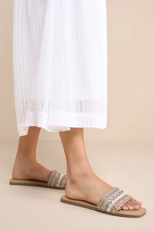 Safiyya Gold Multi Rhinestone Embellished Slide Sandals sold by Lulus