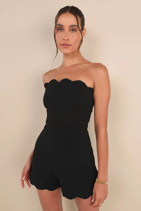 Perfect Reputation Black Strapless Scalloped Romper sold by Lulus