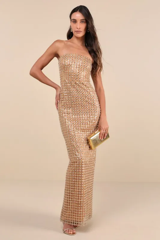 Perfectly Luxurious Tan Pearl Strapless Maxi Dress sold by Lulus