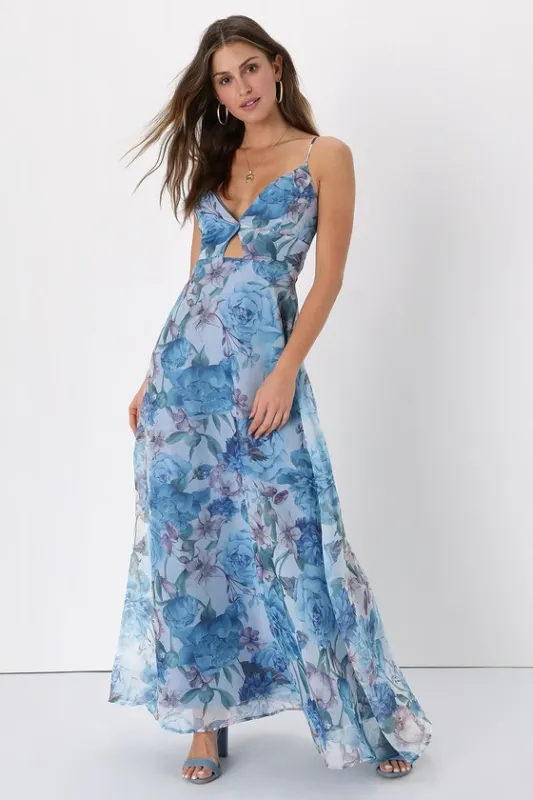 Enchanting Entrance Blue Floral Organza Keyhole Maxi Dress sold by Lulus