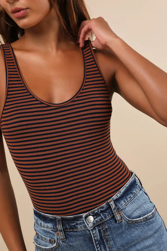 Keep It Classic Brown and Navy Striped V-Neck Bodysuit sold by Lulus