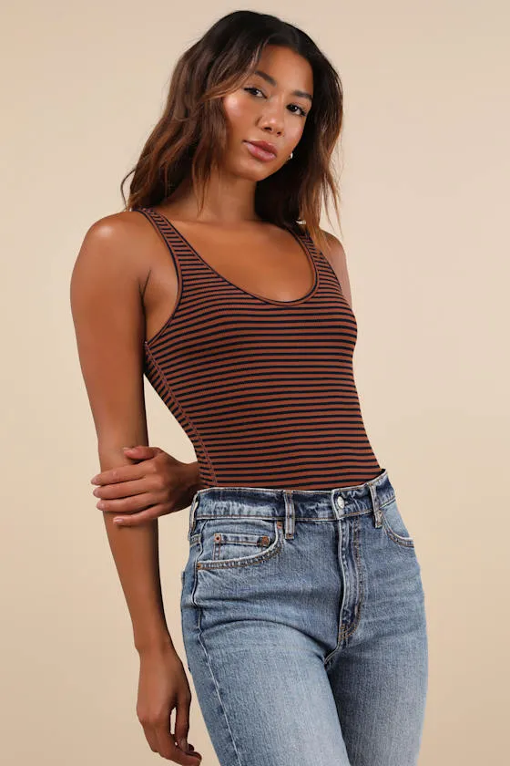 Keep It Classic Brown and Navy Striped V-Neck Bodysuit sold by Lulus product image thumbnail 2